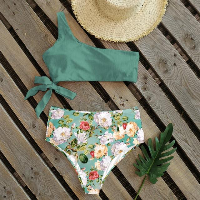 Bikinis Women New One Shoulder Swimwear High Waist Swimsuit Bandage Bathing Suits Beach Wear Female Lace Two Piece Swim Dress with Bikini Bottom Bathing Suits