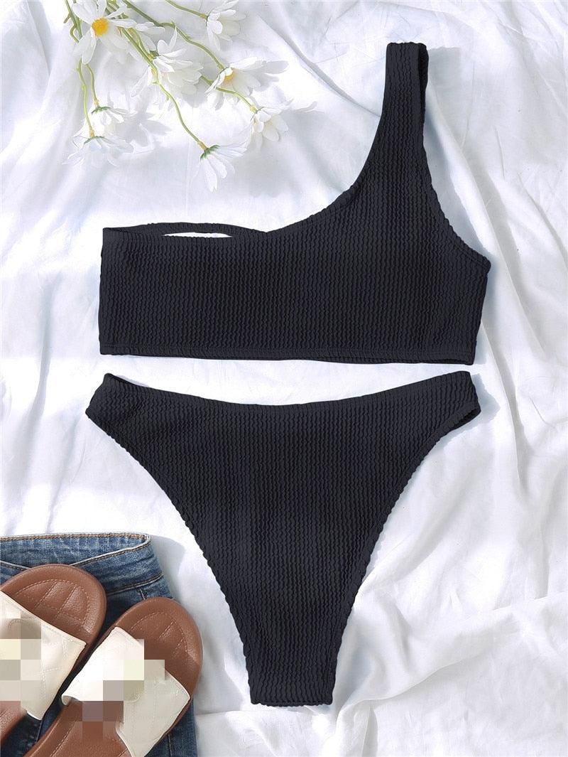 Women One-Shoulder Bikini Swimsuit Women Push Up Swimwear Women's Bathing Suit Comfortable Bikini Ribbed Two Piece Swimsuit Bikini Set Summer Bathing Suit Beach Wear Swimming Suit