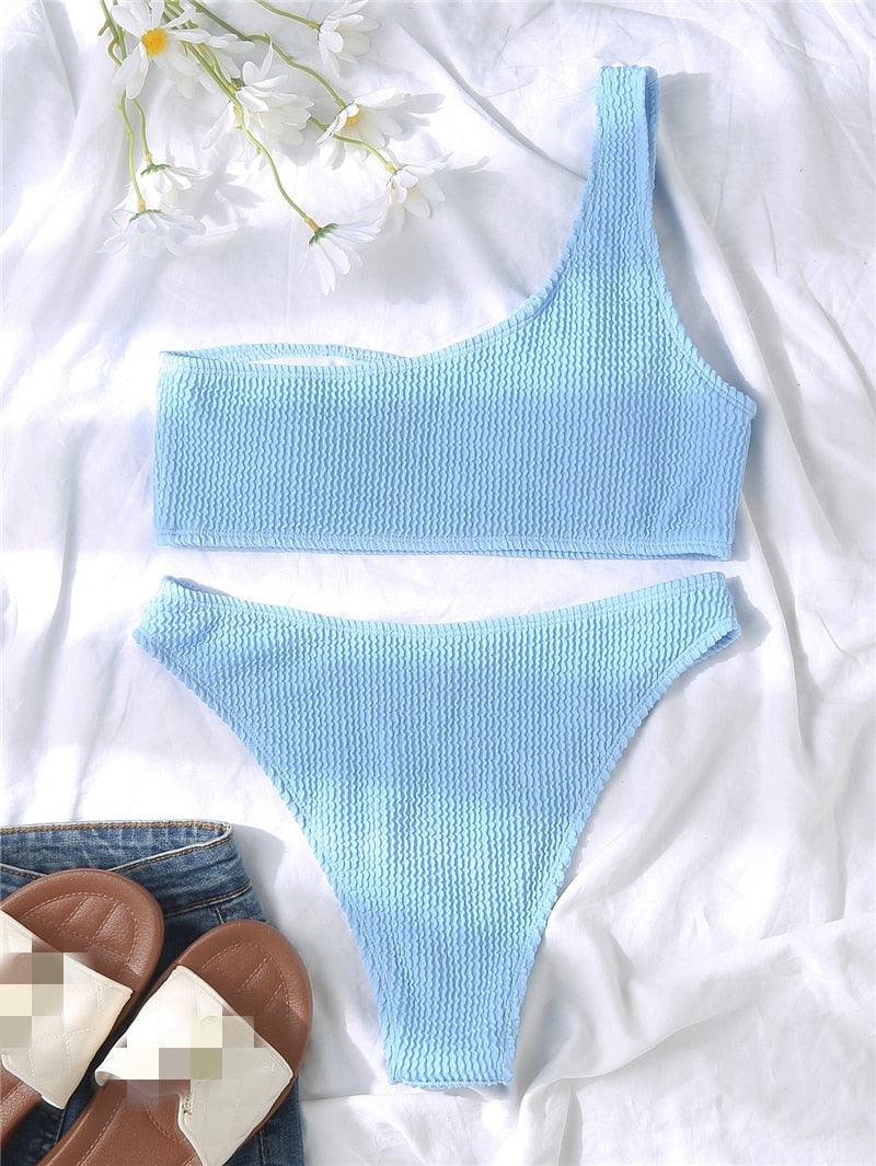 Women One-Shoulder Bikini Swimsuit Women Push Up Swimwear Women's Bathing Suit Comfortable Bikini Ribbed Two Piece Swimsuit Bikini Set Summer Bathing Suit Beach Wear Swimming Suit