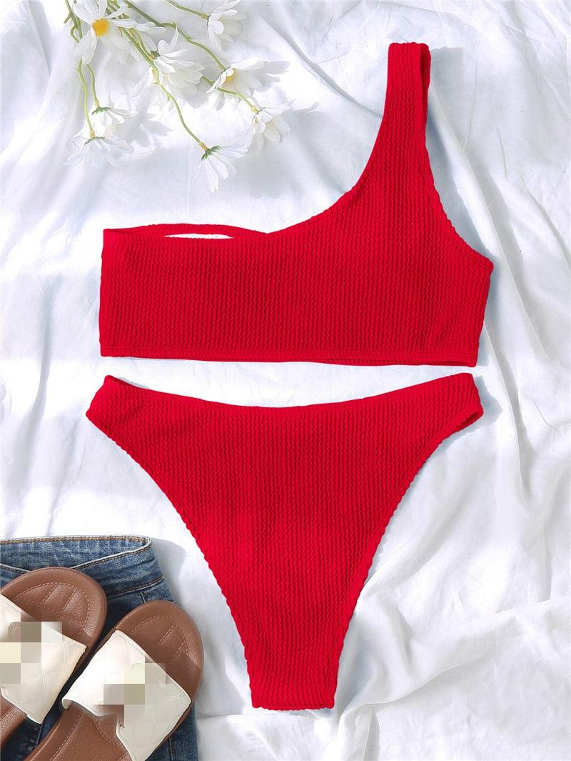 Women One-Shoulder Bikini Swimsuit Women Push Up Swimwear Women's Bathing Suit Comfortable Bikini Ribbed Two Piece Swimsuit Bikini Set Summer Bathing Suit Beach Wear Swimming Suit