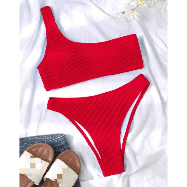 Women One-Shoulder Bikini Swimsuit Women Push Up Swimwear Women's Bathing Suit Comfortable Bikini Ribbed Two Piece Swimsuit Bikini Set Summer Bathing Suit Beach Wear Swimming Suit