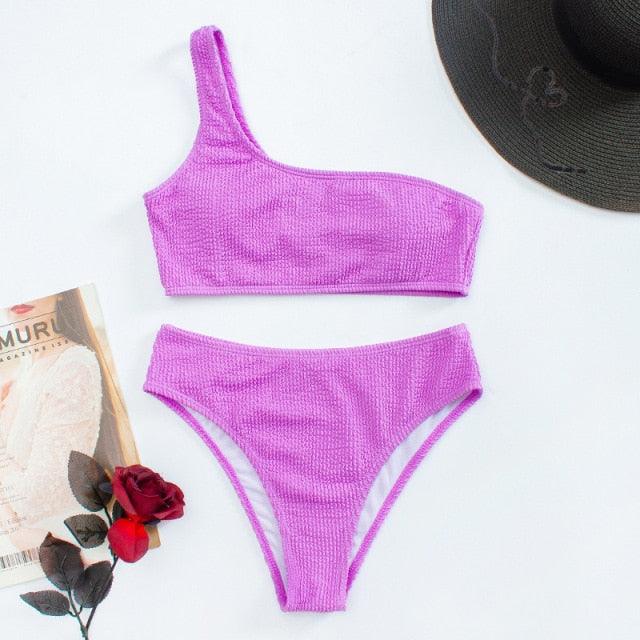 Women One-Shoulder Bikini Swimsuit Women Push Up Swimwear Women's Bathing Suit Comfortable Bikini Ribbed Two Piece Swimsuit Bikini Set Summer Bathing Suit Beach Wear Swimming Suit